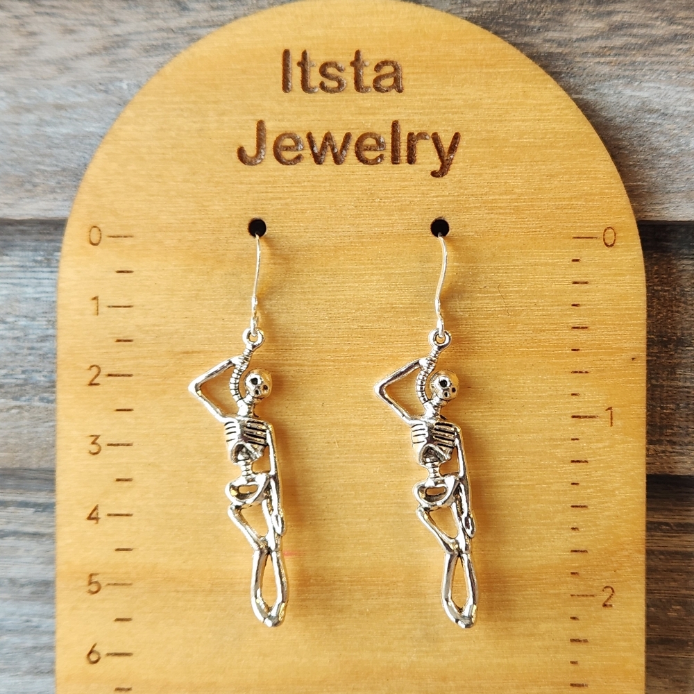 Skeleton Spooky Halloween Charm Drop Earrings Sterling Silver Earwire E173
